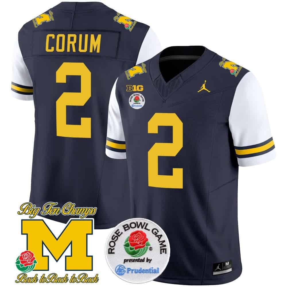 Men Michigan Wolverines #2 Corum Drak Blue 2024 Rose Bowl Patch Vapor Limited NCAA Jersey style 1
